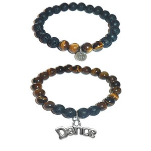 Dance Charm Bracelet Set by Hidden Hollow - Tigers Eye-Stone-Black Lava Essential Oils Diffuser Women&#39;s Beaded Stretch Bracelets - Set of 2