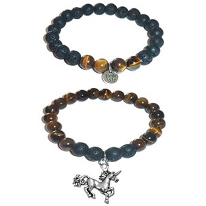 Unicorn Charm Bracelet Set by Hidden Hollow - Tigers Eye-Stone - Black Lava Essential Oils Diffuser Stretch Bracelets - Set of 2 Bracelet