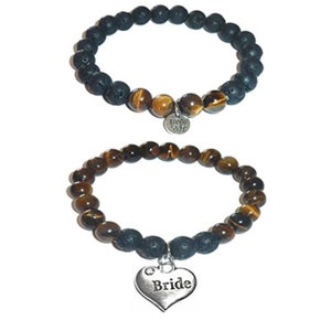 Bride Bracelet Set by Hidden Hollow - Tigers Eye-Stone - Black Lava Essential Oils Diffuser Stretch Bracelets - Set of 2 Bracelet