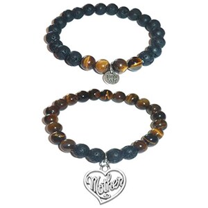 Mother Charm Bracelet Set by Hidden Hollow - Tigers Eye-Stone - Black Lava Essential Oils Diffuser Stretch Bracelets - Set of 2 Bracelet