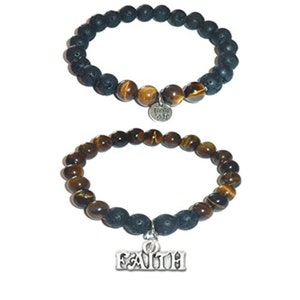 FAITH Charm - Bracelet Set by Hidden Hollow - Tigers Eye - Stone - Black Lava Essential Oils Diffuser Stretch Bracelets - Set of 2 Bracelets