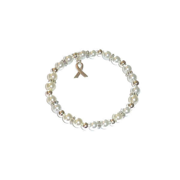 White Pearl (Lung Cancer) 6mm Stretchy Cancer Awareness Bracelet, Packaged. FIts Most Adults. Great for Fundraisers or Showing support.