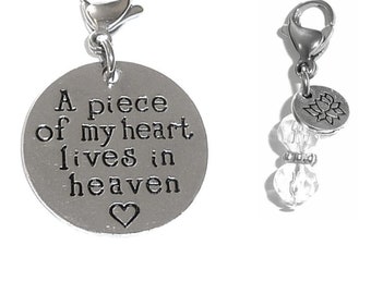 A Piece of My Heart Lives in Heaven Clip On Charm - Zipper Charm -  Backpack Charms - Keychain Charm - Purse Charm -  Clip On Charm