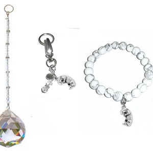 Otter - 3 Piece Gift Set, White Howlite Stone Beaded Bracelet, Key Chain & Crystal Sun Catcher.  Gift Boxes