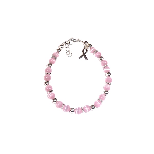 6mm Beaded Pink Breast Cancer Awareness Packaged Bracelet . Wire and Clasp, 7 3/4 inches long with Extension Rings