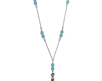 May include: A silver-toned metal lanyard featuring a series of round, turquoise-colored beads spaced along the chain. The lanyard terminates in a silver-toned metal swivel lobster clasp and a circular ring attachment at the bottom for holding items.