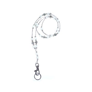 White Fashion Lanyard - Women&#39;s Lanyard Necklace - Pretty Beaded Lanyard - 34&quot; Badge Holder Necklace - Breakaway Lanyard or Strong Style