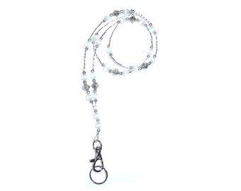 Cordon de mode blanche - Collier de longe pour femmes - Joli cordon perlé - Collier porte-badge 34 « - Longe d’échappée ou style fort