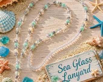 Sea Glass Themed  Hand Beaded Women's Lanyard Vacation Beach -  34 inches, Jewelry Necklace Badge ID Holder: Holds Keys Phone, Cruise Card