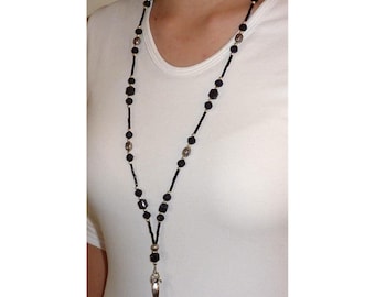 Black Lanyard For Women - SUPER Slim Black Fashion Women's Beaded Necklace Lanyard 34 inches, Key and badge holder, Strong