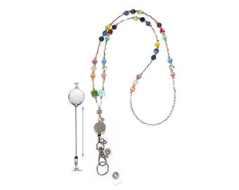 Retractable Badge Reel, Women's Slim Style Beaded Fashion Lanyard Necklace, 34" Made in USA Strong Jewelry Lanyard, ID Holder, Keys - Multi