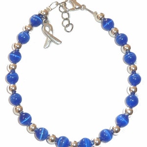 Royal Blue (Thyroid & Prostate Cancer) 6mm Beaded Cancer Awareness Packaged Bracelet . Wire and Clasp, 7 3/4 &quot; long with Extension Rings