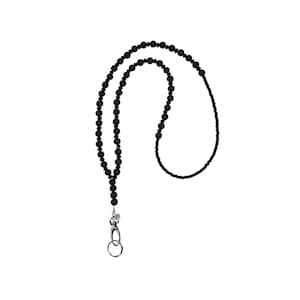May include: A black beaded lanyard featuring a mix of matte round beads and smaller faceted beads, finished with a silver-toned metal lobster clasp and a circular split ring for attaching items. The design is uniform in color and texture.