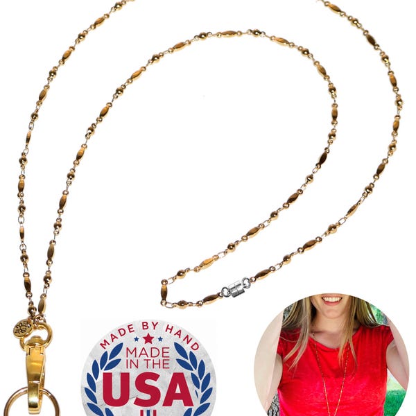 Cordón para mujer de acero inoxidable dorado, cierre magnético de seguridad - Hecho en EE. UU., portatarjetas de identificación para profesores, enfermeras y estudiantes, ideal para cruceros y llaves.