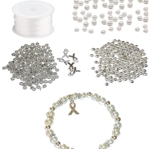 DIY Kit, Everything You Need to Make Cancer Awareness Bracelets, Uses Stretch Cord, Great for Fundraising Makes 5 - White Pearl (Lung)