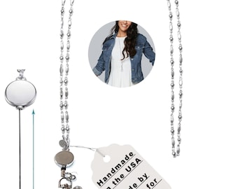 Retractable Badge Reel, Women's Stainless Steel Strong Fashion Lanyard Jewelry 34" Made in USA, ID Card Badge Holder, Keys, Teacher, Cruise