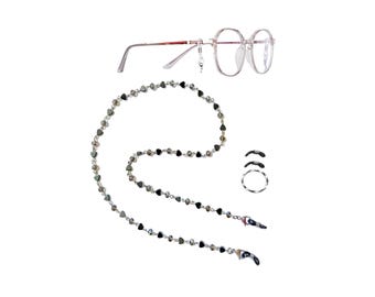 Hematite Eyeglass, Women&#39;s, Girls Fashion Sunglass Holder, Face Mask Holder - Eyeglass Chain Leash - Back Hematite Hearts & Grey Crystal