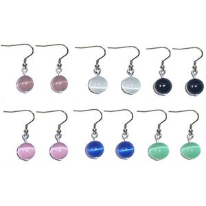 May include: A collection of twelve drop earrings arranged in two rows, each featuring a single round cat's eye bead suspended from a silver-toned metal hook. The beads come in six distinct colors: light pink, white, dark gray, lavender, blue, and mint green.