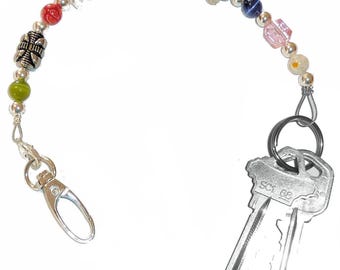 Key Keeper 12" Multi Colored With Retractable Reel Women's Beaded Hand Strap Chain Finder Organizer Wallet Purse Holder Ring