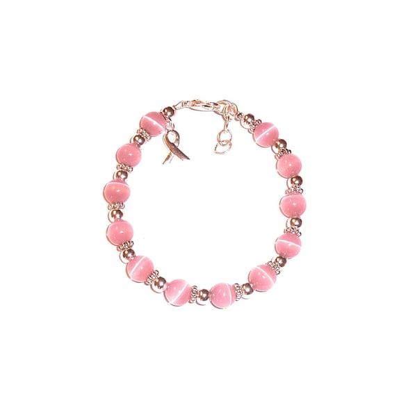 8mm Beaded Pink Breast Cancer Awareness Bracelet - Packaged. Wire and Clasp, 7 3/4 inches long with Extension Rings