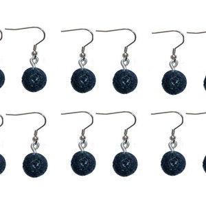 May include: Set of 10 black lava stone earrings with silver hooks. Each earring features a round, black lava stone bead.