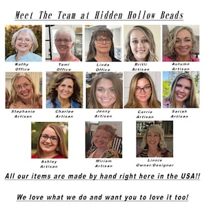 The image is a collage of 12 portraits of women, each with a different name and role, including office workers, artists, and owners. The portraits are arranged in a grid format, and the text at the bottom of the image reads "Meet The Team at Hidden Hollow Beads" and "All our items are made by hand right here in the USA!".
