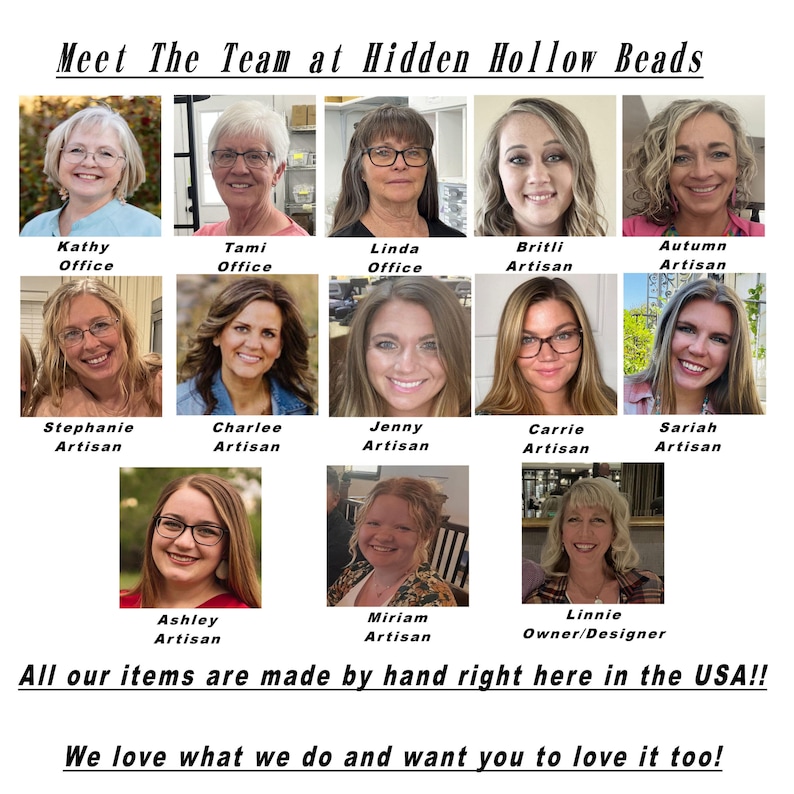 The image is a collage of 12 portraits of women, each with a different name and role, including office workers, artists, and owners. The portraits are arranged in a grid format, and the text at the bottom of the image reads "Meet The Team at Hidden Hollow Beads" and "All our items are made by hand right here in the USA!".