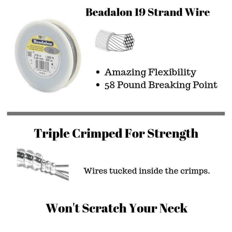 May include: A spool of Beadalon 19 strand wire, a type of jewelry making wire. The wire is silver in color and is triple crimped for strength. The spool is labeled with the brand name Beadalon and the wire size 0.018 inches. The wire has a 58 pound breaking point and is advertised as having amazing flexibility.