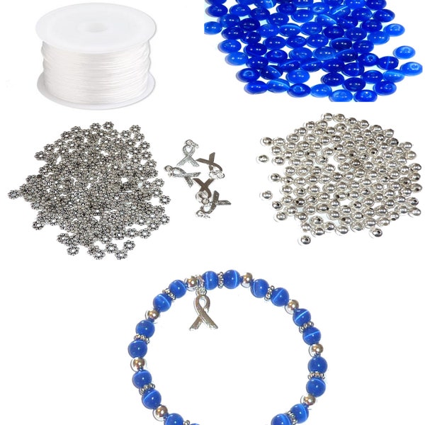 DIY Kit, Everything You Need to Make Cancer Awareness Bracelets, Uses Stretch Cord, Great for Fundraising Makes 5 - Royal Blue (Prostate)