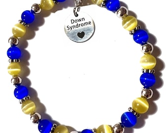Down Syndrome Awareness Beaded Bracelet, 7.75 Inches, Yellow & Blue Colors, Handbeaded in the USA
