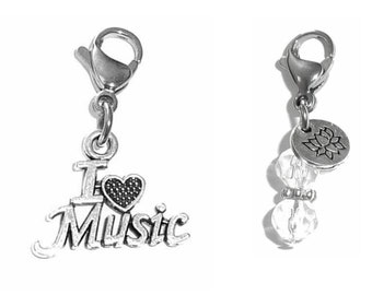 Music Lover Clip On Charm - I Love Music Zipper Charm -  Backpack Charms - Keychain Charm - Purse Charm -  Clip On Charm for Bracelets