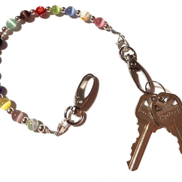 Key Keeper 12" Multi Colored With Retractable Reel Women's Beaded Hand Strap Chain Finder Organizer Wallet Purse Holder Ring