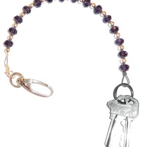 Llavero con cuentas moradas de 12" con carrete retráctil, correa de mano con cuentas para mujer, organizador de cadena, billetera, soporte para bolso, anillo