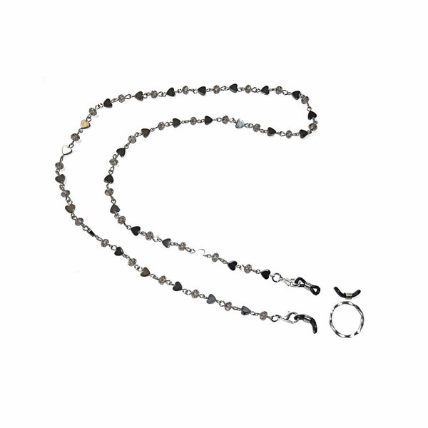 Hematite Eyeglass, Women's, Girls Fashion Sunglass Holder, Face Mask Holder - Eyeglass Chain Leash - Back Hematite Hearts & Grey Crystal