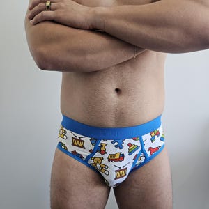 ABDL Underwear Men's Brief | Cute Cartoon "Playpen" Pattern | Adult Baby / Toddler Style | Adorable Blue Waistband | Comfy Age Regression