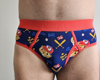 Men's "Big Kid" Briefs | Cartoon Baseball Print, Red Waistband