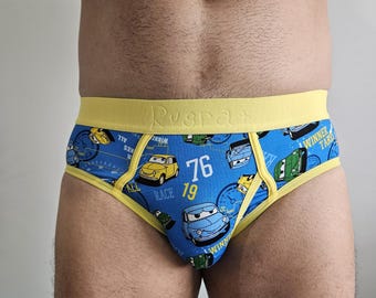 Men's "Big Kid" Briefs | Cartoon Racers Print, Yellow Waistband