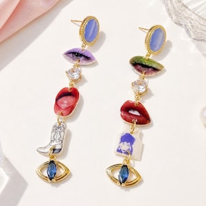 Y2K Eye Lip Earrings, Surrealist Pop Art Mismatched Dangles, Western Cowgirl Boot Statement Earrings, Clip On or Pierced
