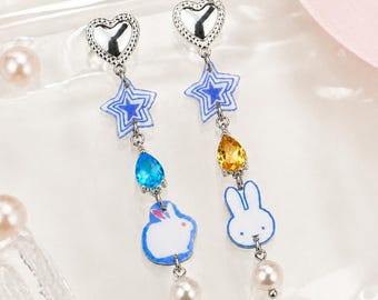 Star and Bunny Y2K Earrings – Pearl Drop, 925 Silver or Clip-On,gift for daughter