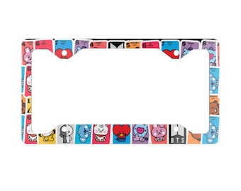 BTS BT21 Kennzeichenhalter, süßes K-Pop-Autozubehör, Kennzeichenhalter aus Metall/Aluminium, glänzender Kennzeichenhalter, Geschenk für BTS ARMY-Fans