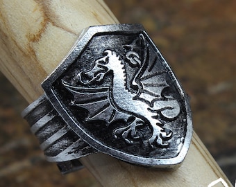 Dragon Shield Ring - Adjustable - Handcrafted by Doctor Gus - Unisex Rings- Adjustable Men's Rings - Dragon Jewelry - Dragon Ring