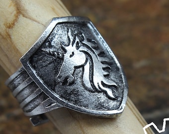 Unicorn Shield Ring - Adjustable - Handcrafted by Doctor Gus - Unisex Rings- Adjustable Men's Rings - Unicorn Jewelry - Unicorn Ring