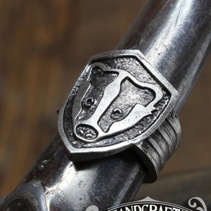 Badger Shield Ring - Adjustable - Handcrafted by Doctor Gus - Unisex - Adjustable Men&#39;s Pewter Rings - Signet Ring Style