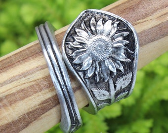 Sunflower Ring - Adjustable - Wrap Style - Handcrafted Pewter by Doctor Gus - Beautiful Floral Antique Inspired Ring