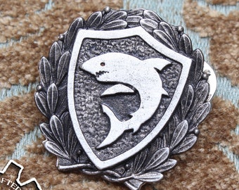 Shark Heraldic Badge - Heraldry Cosplay Pin - Handcrafted Pewter Accessories by Doctor Gus - RPG LARP Roleplaying Enamel Pin Badge SCA