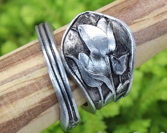 Tulip Ring - Adjustable - Wrap Style - Handcrafted Pewter by Doctor Gus - Beautiful Floral Antique Inspired Ring