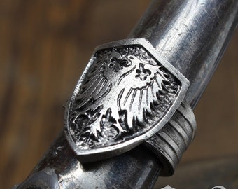 Eagle Shield Ring - Adjustable - Handcrafted by Doctor Gus - Unisex - Adjustable Men's Pewter Rings - Signet Ring Style