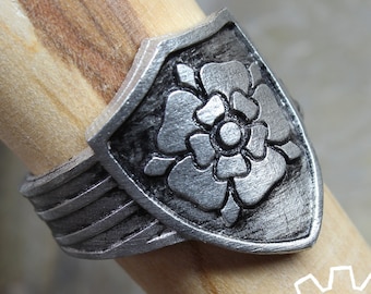 Tudor Rose Shield Ring - Adjustable - Handcrafted by Doctor Gus - Unisex- Adjustable Men's Rings - Tudor Rose Signet Ring - Heraldric Ring
