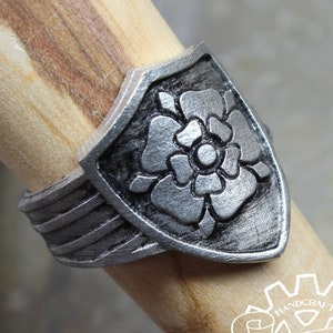 Tudor Rose Shield Ring - Adjustable - Handcrafted by Doctor Gus - Unisex- Adjustable Men&#39;s Rings - Tudor Rose Signet Ring - Heraldric Ring