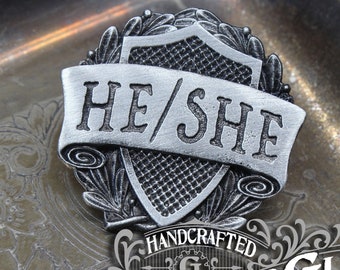 He/She Pronoun Badge - Pride Pronoun Pin - Handcrafted Pewter Accessories by Doctor Gus - Wearable LGBTQ Pride Enamel Pin LGBT Ally Badge